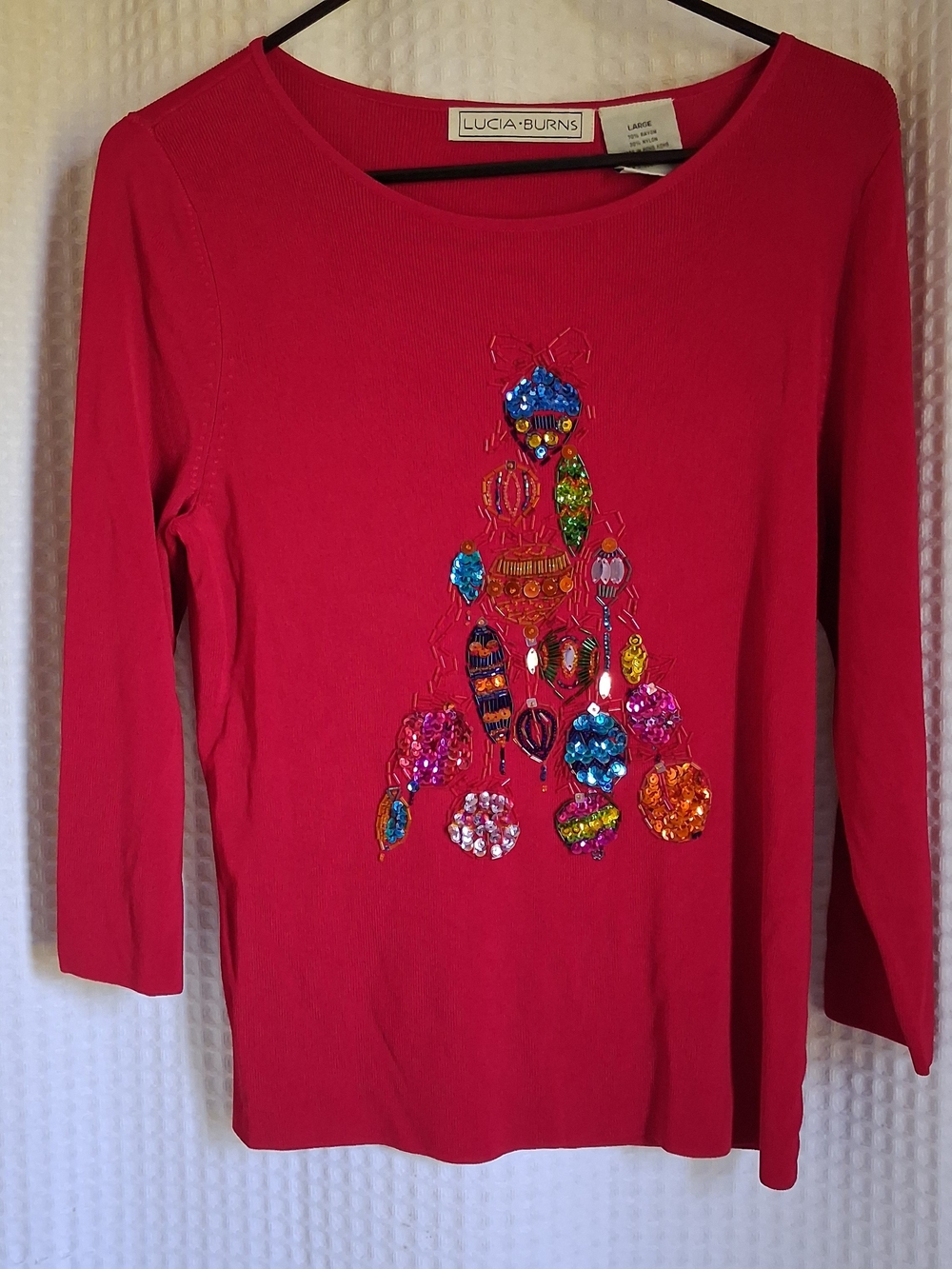 Vtg Lucia Burns Womens Red Long-Sleeve Sequin Ornament Seasonal Top Size Large